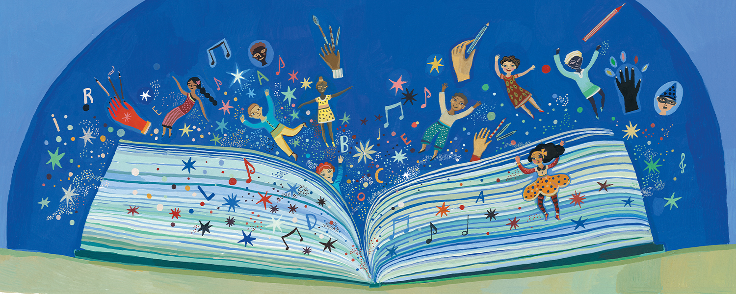 Education Central Banner_April2025 A spread from the book I Have the Right to Culture showing an open book with cartoon characters, letters, musical notes, and stars popping out of it.