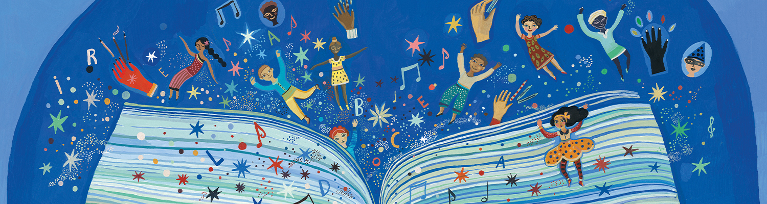 Education Central Banner_June2025 A spread from the book I Have the Right to Culture showing an open book with cartoon characters, letters, musical notes, and stars popping out of it.